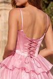 Pink A Line Tiered Corset Beaded Short Homecoming Dress with Lace-up Back