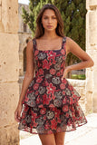 Red Flower Square Neck A Line Homecoming Dress