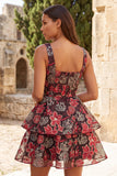 Red Flower Square Neck A Line Homecoming Dress