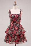 Red Flower Square Neck A Line Homecoming Dress