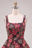 Red Flower Square Neck A Line Homecoming Dress