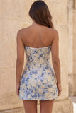 Sweetheart Light Blue Floral Jacquard Corset Bodycon Short Homecoming Dress