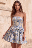 Strapless A Line Corset Jacquard Floral Red Homecoming Dress with Bow