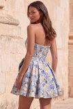 Strapless A Line Corset Jacquard Floral Red Homecoming Dress with Bow