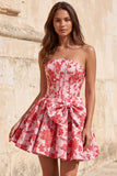 Strapless A Line Corset Jacquard Floral Red Homecoming Dress with Bow