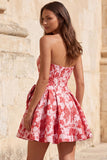 Strapless A Line Corset Jacquard Floral Red Homecoming Dress with Bow