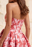 Strapless A Line Corset Jacquard Floral Red Homecoming Dress with Bow