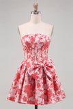 Strapless A Line Corset Jacquard Floral Red Homecoming Dress with Bow