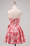 Strapless A Line Corset Jacquard Floral Red Homecoming Dress with Bow