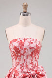 Strapless A Line Corset Jacquard Floral Red Homecoming Dress with Bow