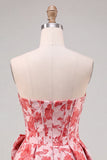 Strapless A Line Corset Jacquard Floral Red Homecoming Dress with Bow
