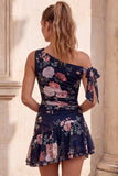 One Shoulder Black Floral Chiffon A Line Homecoming Dress