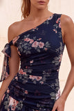 One Shoulder Black Floral Chiffon A Line Homecoming Dress