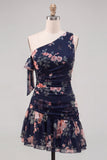 One Shoulder Black Floral Chiffon A Line Homecoming Dress