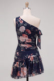 One Shoulder Black Floral Chiffon A Line Homecoming Dress
