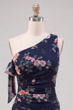 One Shoulder Black Floral Chiffon A Line Homecoming Dress