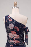 One Shoulder Black Floral Chiffon A Line Homecoming Dress