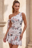 One Shoulder Black Floral Chiffon A Line Homecoming Dress