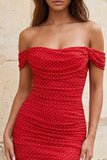 Off the Shoulder Beaded Ruched Bodycon Red Homecoming Dress