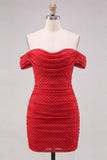 Off the Shoulder Beaded Ruched Bodycon Red Homecoming Dress