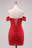 Off the Shoulder Beaded Ruched Bodycon Red Homecoming Dress
