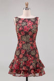 Red Flower Bateau Neck Short Homecoming Dress with Ruffles