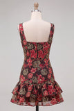 Red Flower Bateau Neck Short Homecoming Dress with Ruffles