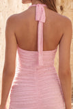 Pink Halter Bodycon Ruched Short Homecoming Dress with Beading