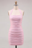 Pink Halter Bodycon Ruched Short Homecoming Dress with Beading