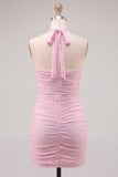 Pink Halter Bodycon Ruched Short Homecoming Dress with Beading