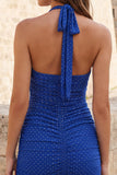 Pink Halter Bodycon Ruched Short Homecoming Dress with Beading