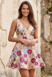 Fuchsia Flower Sequin V Neck A Line Homecoming Dress
