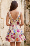 Fuchsia Flower Sequin V Neck A Line Homecoming Dress