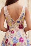 Fuchsia Flower Sequin V Neck A Line Homecoming Dress