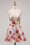 Fuchsia Flower Sequin V Neck A Line Homecoming Dress