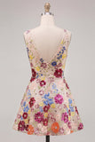 Fuchsia Flower Sequin V Neck A Line Homecoming Dress