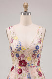 Fuchsia Flower Sequin V Neck A Line Homecoming Dress