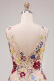 Fuchsia Flower Sequin V Neck A Line Homecoming Dress
