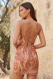 Orange Bodycon Sequin Short Homecoming Dress with Lace-up Back