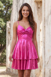 Metallic Gold A Line Tiered Spaghetti Straps Short Homecoming Dress