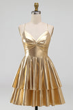 Metallic Gold A Line Tiered Spaghetti Straps Short Homecoming Dress