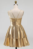 Metallic Gold A Line Tiered Spaghetti Straps Short Homecoming Dress