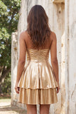 Metallic Gold A Line Tiered Spaghetti Straps Short Homecoming Dress