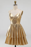 Metallic Gold A Line Tiered Spaghetti Straps Short Homecoming Dress