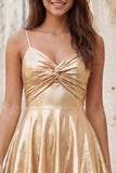 Metallic Gold A Line Tiered Spaghetti Straps Short Homecoming Dress