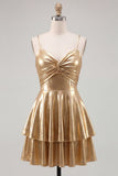 Metallic Gold A Line Tiered Spaghetti Straps Short Homecoming Dress