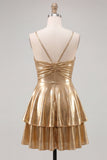 Metallic Gold A Line Tiered Spaghetti Straps Short Homecoming Dress