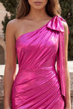 One Shoulder Red Metallic Ruched Asymmetrical Short Homecoming Dress with Bow