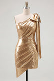 One Shoulder Red Metallic Ruched Asymmetrical Short Homecoming Dress with Bow