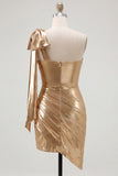 One Shoulder Red Metallic Ruched Asymmetrical Short Homecoming Dress with Bow
